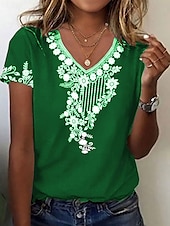 abordables T-shirt floral-Femmes T-shirt Fleuri Graphique Plantes ancien Élégant Classique Manche Courte Col en V Hauts Réguliers Quotidien Imprimé Noir Vin Vert Été Printemps
