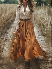 tanie Sukienki boho-Damskie Długa sukienka sukienka maxi Codzienne sukienki Sukienka rozkloszowana Letnie sukienki Sukienka Boho Zabytkowe Urlop Codzienny Święto Regularny Kolorowy blok Długi rękaw W serek Żółty Lato