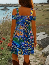 preiswerte Kunst &amp; Design Kleider-Damen Minikleid A Linie Kleid Sommerkleid Urlaub Lässig Täglich Ferien Normale Passform Grafik Abstrakt Kurzarm V Ausschnitt Rote Blau Grün Sommer