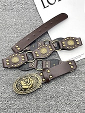 cheap Women&#039;s Belt-Women&#039;s Bohemian Western cowboy style belt with antique brass flower buckle, Adjustable tightness, Suitable for retro fashion, Casual or festival wear