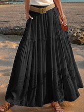 abordables concevoir des robes en coton et lin-Femmes Taille Asiatique Évasé Jupes en lin Occasionnel Été Midi Taille haute Jupes Couleur Unie Froncé Plissé Avec Poches Élastique Vacances Quotidien Vin Rouge pastèque Moutarde verte couleur orange