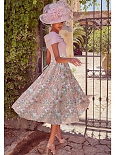 abordables Robes de cocktail-Robe cocktail en satin rose floral ligne A brodée robe élégante invitée de mariage longueur cheville manches courtes épaule dénudée ornée de sequins avec robes pailletées
