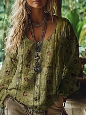 ieftine Topuri Boho-Bluză western pentru femei, cămașă boho, bluză cu imprimeu floral, modern, casual, mânecă lungă, decolteu în V, topuri obișnuite, zilnic, vacanță, ieșiri în oraș, imprimeu, verde deschis, roz, albastru, violet, verde, vară, toamnă