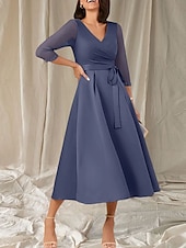 cheap Tea Length-A-Line Mother of the Bride Dress Wedding Guest Elegant Sweet V Neck Tea Length Satin Half Sleeve with Sash / Ribbon Beading Ruching 2025