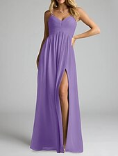 baratos Vestidos para Madrinhas-Vestido de dama de honra em corte A, decote em V / alças finas, sem mangas, elegante, longo, chiffon com pregas / frente aberta / franzido 2025