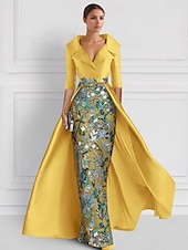 cheap GREEN-Green Embroidered Floral A-Line Evening Gown Elegant Dress Formal Wedding Floor Length Half Sleeve Shirt Collar Satin with Slit Appliques 2025