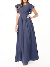 baratos Vestidos para Madrinhas-Vestido de dama de honra em corte A, gola redonda, manga longa, elegante, longo, chiffon com pregas / franzido 2025