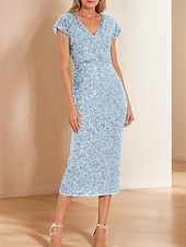 abordables Longueur du thé-Robe fourreau/colonne en dentelle à paillettes vert bleu pour mère de la mariée, élégante, simple et luxueuse, col en V, longueur thé, longueur midi, tulle, manches courtes, 2025