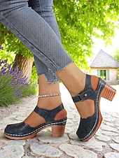 cheap Block Heel Pumps-Women's Cutout Faux Leather Block Heel Sandals with Adjustable Strap – Comfort Shoes for Daily Commute, Garden Party, Farmers Market &amp; Boho Summer Outings
