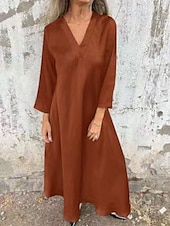 abordables concevoir des robes en coton et lin-Femmes Robe Longue Maxi Robe Robes en polycoton et lin texturé Robe Décontractée Robe d&#039;été Classique Moderne Quotidien Week-end Coupe régulière Uni Manche 3/4 Col en V Noir Marron clair Grise Été