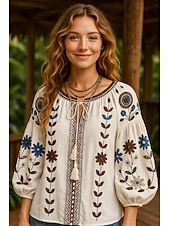 preiswerte Hemden-Damen Hemd Blumen Grafik Bohemien Vintage Lässig Langarm Rundhalsausschnitt Normale Oberteile Täglich Bestickt Weiß Blau Sommer