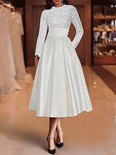 economico Abiti da cocktail-Abiti da cocktail A-line in paillettes elegante abito invitata a matrimonio lunghezza tè maniche lunghe scollo a gioiello in raso con pieghe abiti Derby 2025