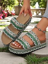 preiswerte Rutschsandalen-Damen-Sandalen im Boho-Stil in Blau mit Webmuster – Plateau-Slipper im Ethno-Stil für Strandurlaube und lässige Sommeroutfits