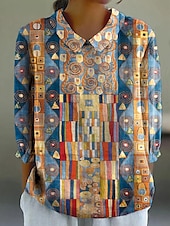 preiswerte Damen Streifen- und geometrische Oberteile-Damen Hemd Grafik Geometrisch Bohemien Täglich Stilvoll Langarm Hemdkragen Normale Oberteile Täglich Knöpfe Druck Gelb Blau Khaki Sommer Frühling
