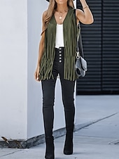 abordables chaquetas casuales-Mujer Chaqueta casual Chaleco Transpirable Cómodo Borlas Casual Plano Vacaciones Calle Casual Ropa Cotidiana Frente Abierto Regular Escote en Pico Ajuste regular Sin Mangas Ropa de calle Negro Rosa