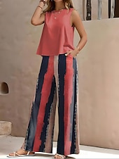 preiswerte Zweiteilige Sets-Damen 2 Teile Urlaub Tägliche Hosen Sets Ärmellos Rundhals Floral Grafik Lässig Täglich Schwarz Gelb Rot Sommer Weit Passform