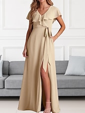 cheap Bridesmaid Dresses-A-Line Bridesmaid Dress V Neck Short Sleeve Elegant Floor Length Chiffon with Sash / Ribbon / Ruffles / Split Front
