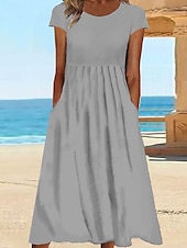 abordables concevoir des robes en coton et lin-Femmes Robe Midi Robe Décontractée Mode Classique Extérieur Fête Week-end Coupe régulière Uni Manche Courte Col ras du cou Blanche Gris Clair Gris foncé Été