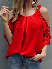 voordelige Kant Tops-Dames blouse kant splice top effen kleur elegant stijlvol basic 3/4 mouw sleeve band reguliere tops dagelijks kant patchwork zwart wit roze rood zomer