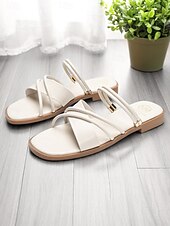 cheap Dress Sandals-Women&#039;s White Strappy Flat Sandals with Crisscross Design - Minimalist Slip-On Summer Shoes for Casual Dates and Everyday Outfits