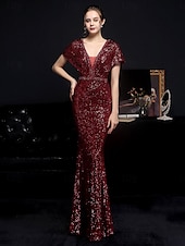 billige Semi-formell / Cocktail-Mermaid  trumpet quinceanera kjoler elegant kjole formell bryllup gulvlengde kortermet V-hals paljett med paljett