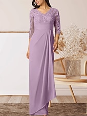 preiswerte Bodenlänge-Säule  Kolonne Mutter der Braut Kleid Hochzeitsgast Elegantes Hoher Schlitz V-Ausschnitt Bodenlanges Chiffon 3/4 Länge Ärmel mit Rüschenapplikationen Raffung