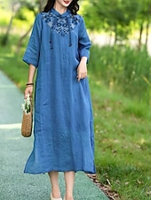 ieftine Rochii-Pentru femei Rochii Midi Rochie din in bumbac Rochie florala Modă Modern Vacanță Zilnic Concediu Fit regulat Floare Manșon Jumate Guler de stand Roz Îmbujorat Albastru piscină Trifoi Caisă Vară