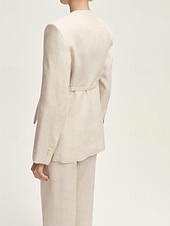 cheap Mom&#039;s Pant Suits-Collarless Blazer Two Piece Pantsuit Pantsuit Linen Blended Mother of the Bride Pantsuit Elegant Simple Minimalist V Neck Floor Length Long Sleeve with Solid Color 2025