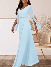 preiswerte Bodenlänge-A-Linie Brautmutterkleid Hochzeitsgast Elegant V Ausschnitt Bodenlang Chiffon Langarm mit Kristalle Raffung 2025
