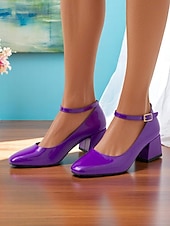 cheap 1950s-Women&#039;s Shiny Purple Patent Leather Mary Jane Heels – 1950s Retro Block Heel Pumps with Ankle Strap for Vintage Party, Wedding, and Prom