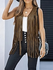 abordables chaquetas casuales-Mujer Chaqueta casual Chaleco Transpirable Cómodo Borlas Casual Plano Vacaciones Calle Casual Ropa Cotidiana Frente Abierto Regular Escote en Pico Ajuste regular Sin Mangas Ropa de calle Negro Rosa