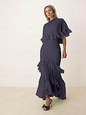 preiswerte Bodenlänge-A-Linie Brautmutter Kleid Rohe Kanten Einfach Minimalistisch Boot-Ausschnitt Bodenlang Chiffon Kurzarm mit Kaskade Rüschen
