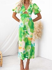 abordables Robes Floraux Imprimés-Femmes Robe Midi Robe Fleurie Robe bohème Robe Imprimée Mode Moderne Vacances Fête Sortir Coupe régulière Fleur Manche Courte Col en V Bleu Vert Été
