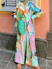 olcso Készletek-Női Divat Utcai sikk Pamut vászon ingek Nadrág szettek Hosszú ujj Állógallér Színes Nyomtatott Hétköznapi viselet Randi Lóhere Nyár Normál