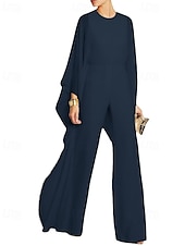abordables Costumes-pantalons pour maman-Combinaison cape  pantalon Robe mère de la mariée Élégante Simple Minimaliste Col rond Longueur de sol Chiffon Manches 3/4 avec fronces