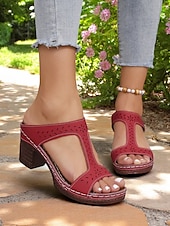 economico Sandali Comodi-sandali da donna con cinturino a T rosso - tacco comodo e design traforato, ideali per abbigliamento casual ed eventi estivi alla moda