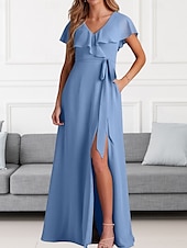 cheap Bridesmaid Dresses-A-Line Bridesmaid Dress V Neck Short Sleeve Elegant Floor Length Chiffon with Sash / Ribbon / Ruffles / Split Front