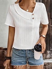 voordelige Dames eenvoudige tops-Dames Overhemd Effen Kleur Stijlvol Modern Casual Korte mouw V-hals Normale tops Dagelijks Knop Wit Zomer Lente