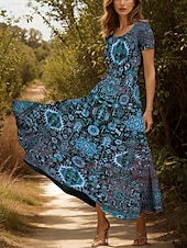 tanie Sukienki boho-Damskie Sukienka maxi Codzienne sukienki Sukienka A line Letnie sukienki Urlop Zabytkowe Etniczne Regularny Graficzny Geometryczny Boho Paisley Damask Krótki rękaw Kwadratowy dekolt Żółty Niebieski