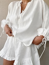 abordables Ensembles-Femmes Actif Chemises en coton et lin Chemisier Ensembles de Shorts manche longue Col en V Couleur Unie Froncé Décontracté Quotidien Week-end Noir Blanche Rose Claire Été Coupe régulière