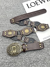 cheap Women&#039;s Belt-Women&#039;s Bohemian Western cowboy style belt with antique brass flower buckle, Adjustable tightness, Suitable for retro fashion, Casual or festival wear