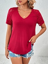 ieftine tricou simplu-Pentru femei Tricou Simplu Modă Stilat Modern Manșon scurt În V Topuri obișnuite Zilnic Sfârșit de săptămână Dantelă Peteci Negru Alb Roșu-aprins Trifoi Vară