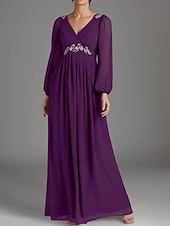 cheap Floor Length-A-Line Mother of the Bride Dress Wedding Guest Elegant V Neck Floor Length Chiffon Long Sleeve with Beading Appliques Ruching