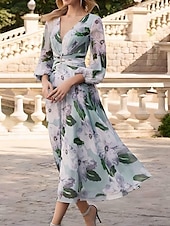 preiswerte Bodenlänge-A-Linie Kleid Mutter der Braut Kleid Blumenmuster Elegant Vintage V-Ausschnitt Knöchellang Chiffon 3/4 Länge Bubble-Ärmel mit Raffungsdetails Renn-Tag-Kleid Hochzeitsgast Kleid