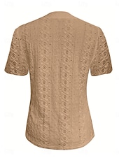 cheap Plain tee-Women&#039;s T Shirt Solid Color Plain Basic Modern Casual Short Sleeve V Neck Regular Tops Daily Weekend Buttons Eyelet White Wine Fuchsia Khaki Summer
