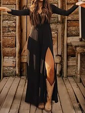 preiswerte Ausgefallene Kleider-Damen Langes Kleid Maxikleid Freizeitkleid Klassisch Modern Outdoor Urlaub Ferien Normale Passform Einfach Langarm V Ausschnitt Schwarz Sommer