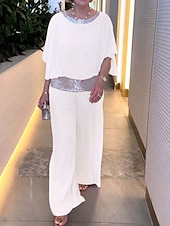 abordables Ensembles chemisiers pour femmes-Ensembles de pantalons de mode 2 pièces pour femmes vêtements de rue quotidiens manches 3/4 col rond couleur unie sequins patchwork décontracté quotidien noir blanc rose été coupe régulière