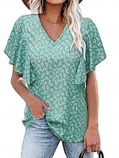 abordables T-shirt floral-Femmes T-shirt Fleuri Mode Élégant Moderne Manche Courte Col en V Hauts Réguliers Quotidien Week-end Jaune Rose Claire Rouge Vert Été