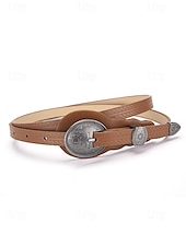 economico Cintura da donna-Cintura da donna in similpelle intagliata in stile western con fibbia vintage in argento per abiti boho, concerti estivi e abiti da sposa in stile country