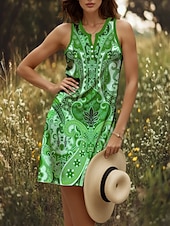 cheap Boho Dress-Women&#039;s Mini Dress Sundress A Line Dress Summer Dress Off The Shoulder Dress Casual Holiday Beach Regular Fit Graphic Paisley Bohemian Sleeveless V Neck Light Yellow Red Blue Purple Summer Spring